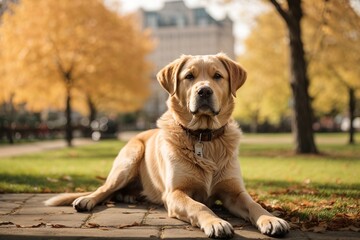 Perro labrador retriever, echado, alerta, en un parque en una ciudad
