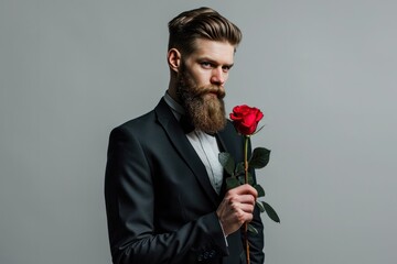 Confident bearded man wearing a stylish suit and holding a red rose in his hand, exuding elegance and romance.