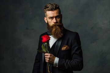 Fashionable bearded businessman in a stylish suit, exuding confidence and modern elegance, with a serious expression on his face and a red rose in his hand.