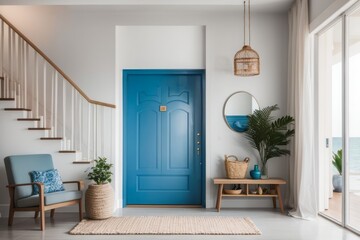 Interior home design of modern entrance hall with blue door and chairs in coastal house - Powered by Adobe