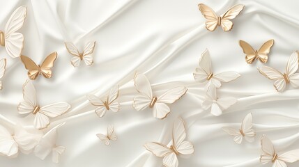 A group of white and gold butterflies flying over a white satin fabric.