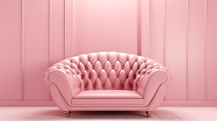 3D rendering of a pink leather couch in front of a pink wall. 