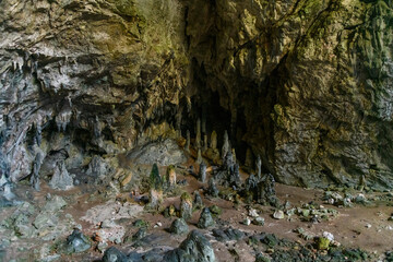 Cave with stalactites and stalagmites. A cave in the mountain in Turkey close to Marmaris....