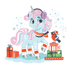 Cute cartoon Christmas unicorn vector illustration