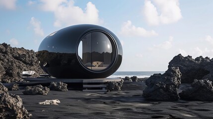 Black glossy tiny house in black desert on beach, capsule round form, sunny day, stones, dark style