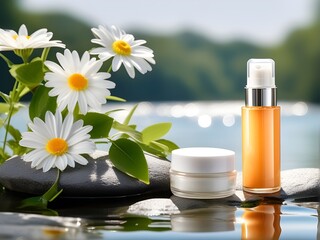 cosmetic cream container and cream tube mockup product photograph in white and orange color, Nature background with river and white chamomile daisy flowers decorations, bokeh effect in lighting