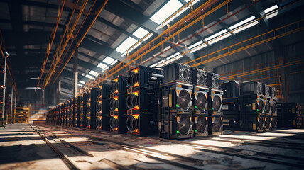 horizontal image of crypto mining warehouse AI generated