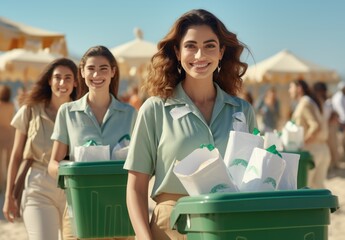 Eco conscious women wearing bright vests transport recycling bins along the beach, social responsibility photo - obrazy, fototapety, plakaty