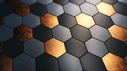 A background with a grey, gold and black hexagons.