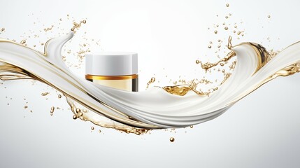Beauty cosmetic packaging with spread of cream serum in the background.