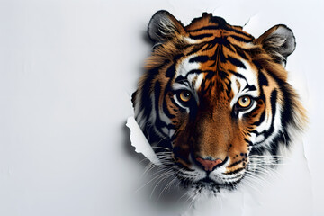 Intense Tiger Staring Through a Torn Paper Hole
