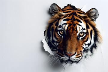 Obraz premium Intense Tiger Staring Through a Torn Paper Hole