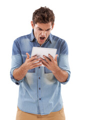 Tablet, news and shocked man shouting in studio for hacker notification, scam or cyber security...