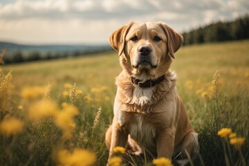 Perro labrador retriever, sentado y alerta, en una pradera en el campo - obrazy, fototapety, plakaty