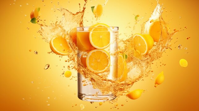 An orange juice splash in glass.