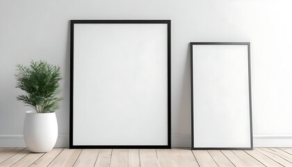 Fototapeta na wymiar Blank-vertical-black-poster-frame-standing-on-light-wooden-floor-with-next-to-white-wall--Blank-poster-frame-mockup--Empty-picture-frame-mockup--Vertical-frame-mock-up--Blank-photo-frame--3d-rendering