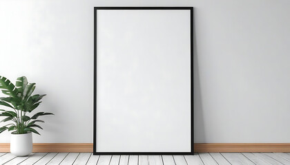 Blank-vertical-black-poster-frame-standing-on-light-wooden-floor-with-next-to-white-wall--Blank-poster-frame-mockup--Empty-picture-frame-mockup--Vertical-frame-mock-up--Blank-photo-frame--3d-rendering