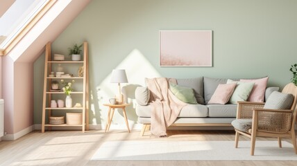 Cozy Modern Living Room with Elegant Decor and Soft Tones , pInk color , wall Art , Poster ,...