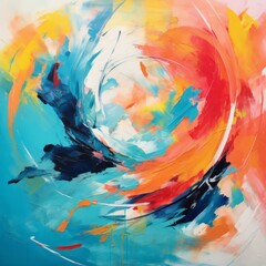 Artwork depicts an energetic swirl in shades of orange and blue.