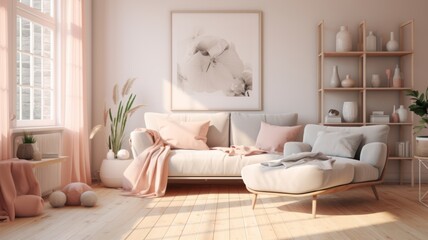 Cozy Modern Living Room with Elegant Decor and Soft Tones , pInk color , wall Art , Poster , Interior Design