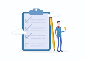 Feedback survey or opinion, completion checklist or questionnaire form, evaluation or assessment review, checkbox clipboard concept, businessman complete survey with pencil and light bulb.