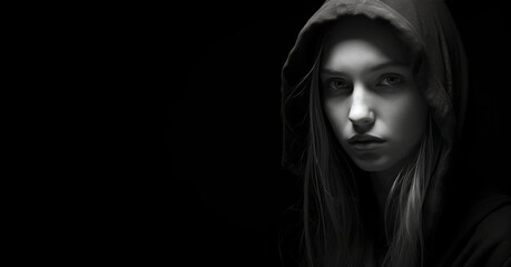 A monochrome portrait captures a woman in a dark hooded cloak, exuding mystery.
