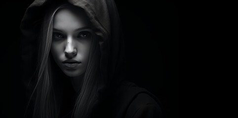 A woman in a dark hooded cloak is depicted in a monochrome portrait, symbolizing enigma.