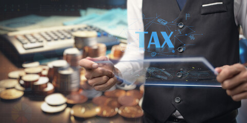 Calculation tax return, e-tax, Businesman show TAX for Individual income tax return form online for...