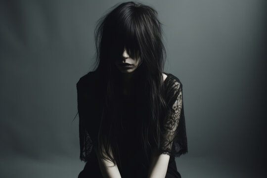 A monochrome portrait of a woman with long hair embodies a gothic style.