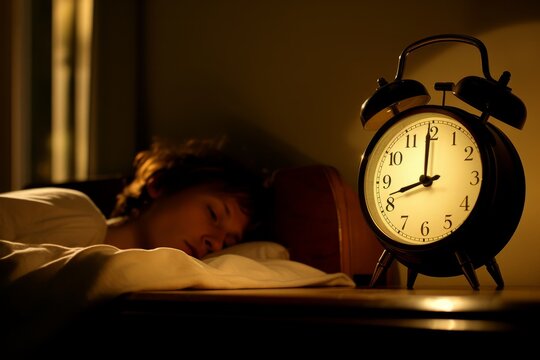 A woman is depicted sleeping next to an alarm clock, symbolizing insomnia during nighttime.