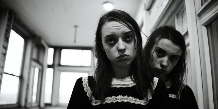 Two women stand together in a scene reminiscent of a horror film.