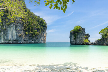 Beautiful beach of koh hong island andaman sea with a blue sky and crystal clear water on white sand, a very popular destination attraction for tourist in Krabi, Southern of Thailand