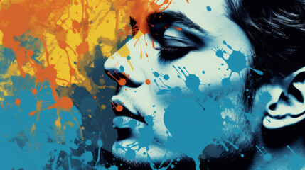 A person's face is covered in vibrant paint splatters, symbolizing creative expression.