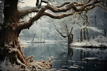 Lake with snow on tree branches in the winter season