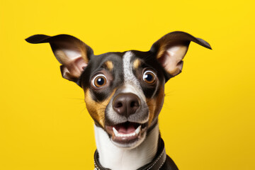 funny jack russell terrier dog portrait on yellow background - obrazy, fototapety, plakaty