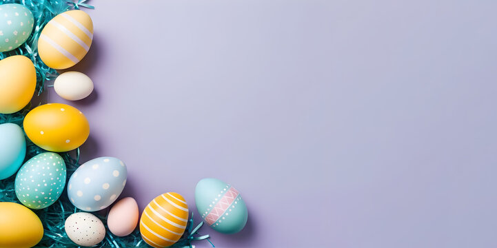Happy easter, colorful eggs on purple background for your decoration in holiday. copy space. top view, flat lay.