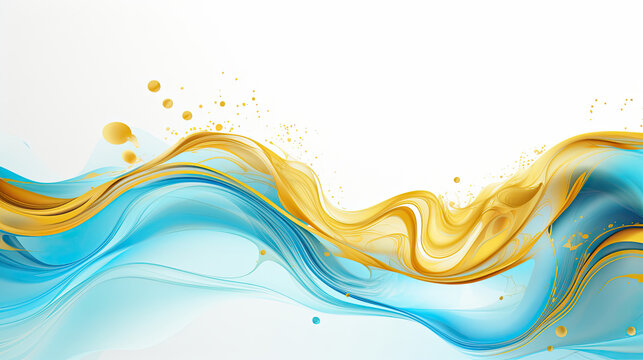 Artistic liquid gold wave curve particles flowing on a sky blue background