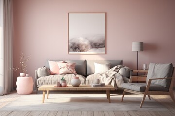 Fototapeta na wymiar Cozy Modern Living Room with Elegant Decor and Soft Tones , pInk color , wall Art , Poster , Interior Design