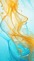 Artistic liquid gold wave curve particles flowing on a sky blue background created with Generative AI Technology 