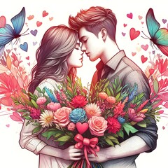  Valentine's day background with beautiful couple, flowers and butterflies. Young couple in love with a bouquet of flowers and butterflies.. Generative AI
