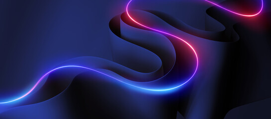 3d render. Abstract background of curvy neon line glowing in the dark and folded paper. Modern minimal wallpaper