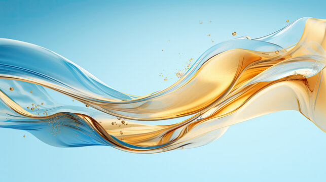Artistic liquid gold wave curve particles flowing on a sky blue background created with Generative AI Technology 