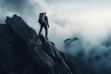 Climber man climbing a large mountain at sunset. The concept of mountain tourism, travel, leadership, on the top.