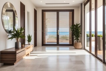 Interior home design of modern entrance hall with louvered doors and chairs in a coastal home