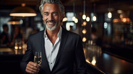 business mature man holding a glass of champagne wine and smiling while standing at the bar with beautiful bokeh light created with Generative AI Technology - obrazy, fototapety, plakaty