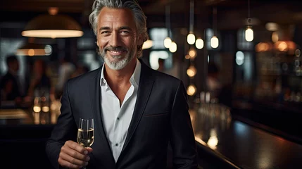 Fotobehang business mature man holding a glass of champagne wine and smiling while standing at the bar with beautiful bokeh light created with Generative AI Technology © AstraNova