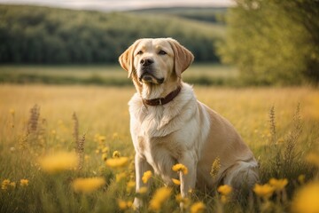 Perro labrador retriever, sentado, en una pradera en el campo