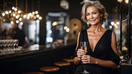 business mature woman holding a glass of champagne wine and smiling while standing at the bar with beautiful bokeh light