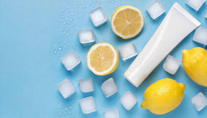 Top view of lemons and ice cubes with water drops and white tube of cream without label on blue background with copy space - obrazy, fototapety, plakaty