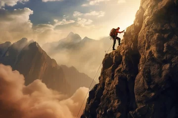 Rolgordijnen Climber man climbing a large mountain at sunset. The concept of mountain tourism, travel, leadership, on the top. © maximilian_100